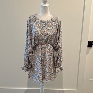 Lena blue pattern long-sleeve mini dress Sz S